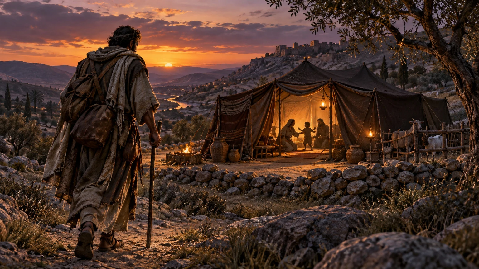 The traveler returns to a quiet tent and its warm lamplight.