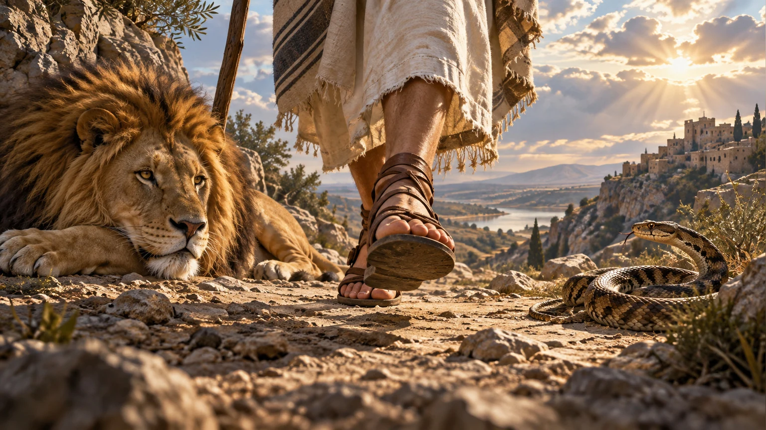 The traveler passes lion and serpent in a poetic image of protection.