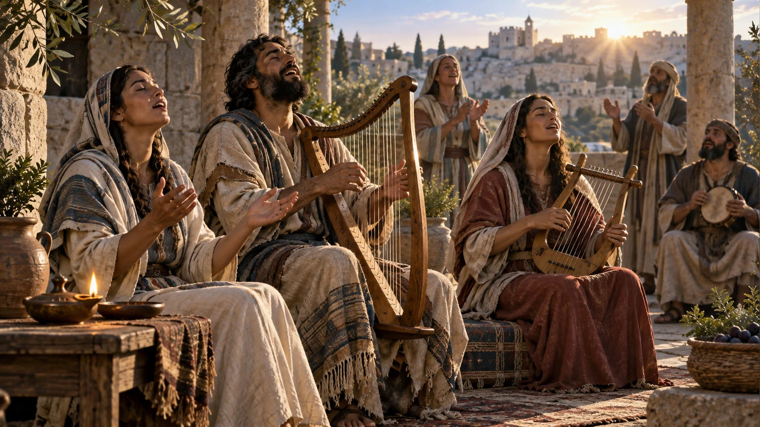 Musicians play harp and lyre in a Sabbath courtyard.