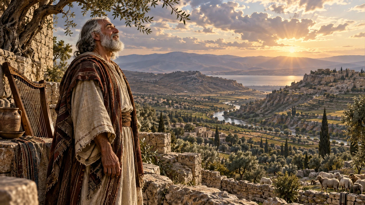 An elder musician pauses in wonder before the land.