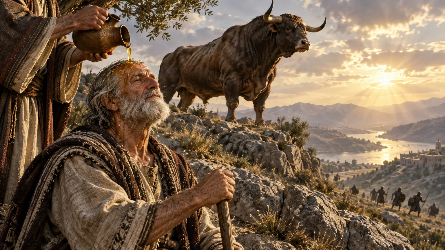A wild ox and fresh oil symbolize renewed strength.