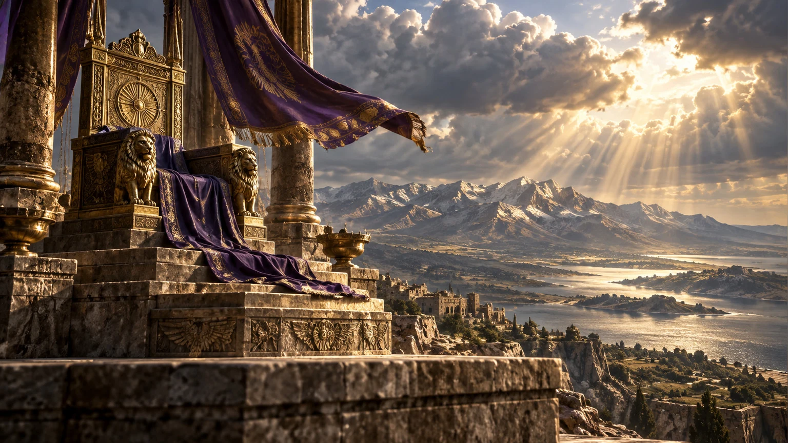An ancient throne rises over an established world.