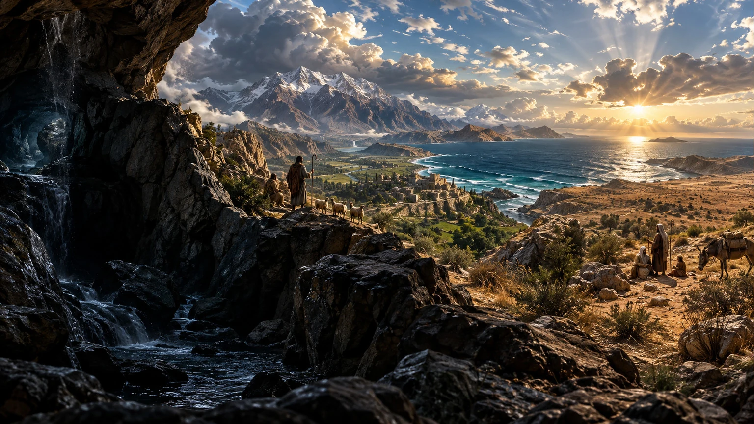 Sea, dry land, deep earth, and mountains fill a created panorama.