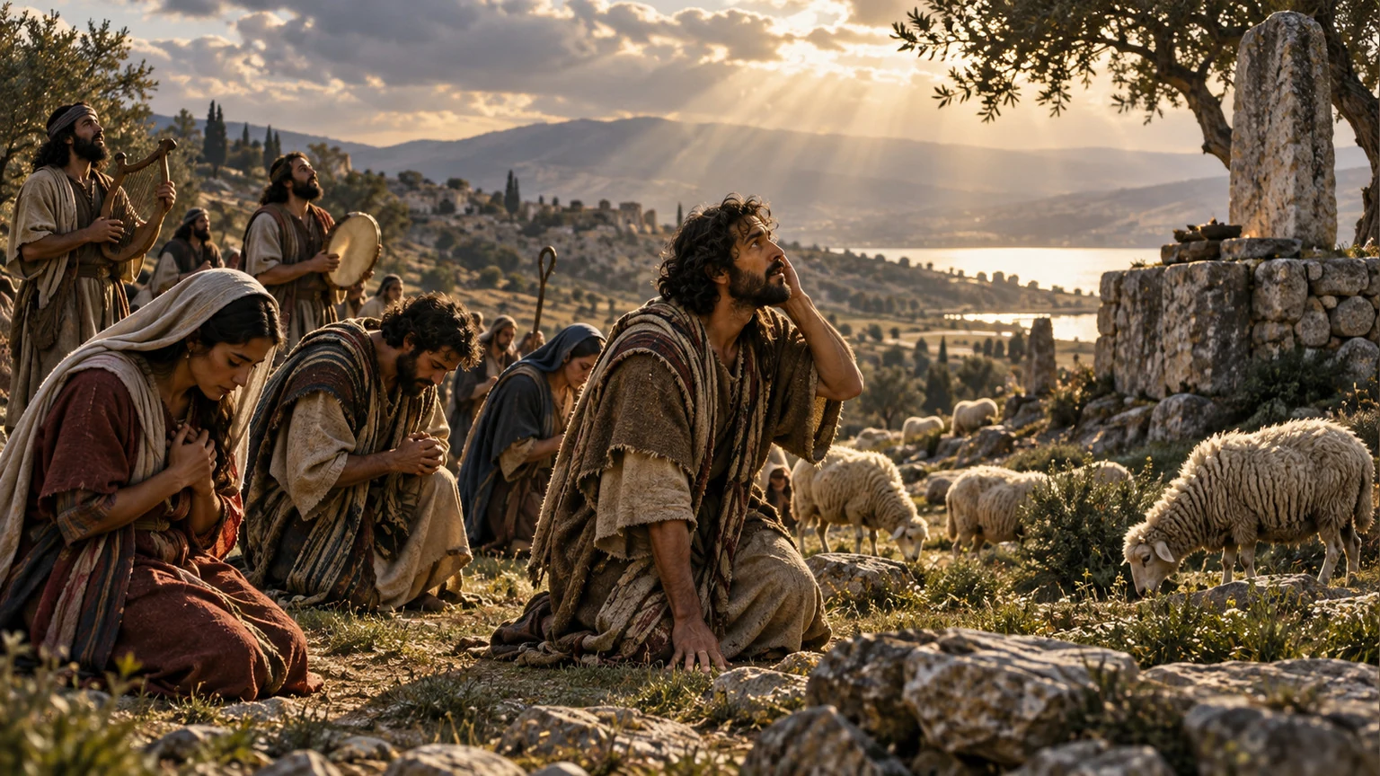 The procession kneels near a flock, pausing to listen.