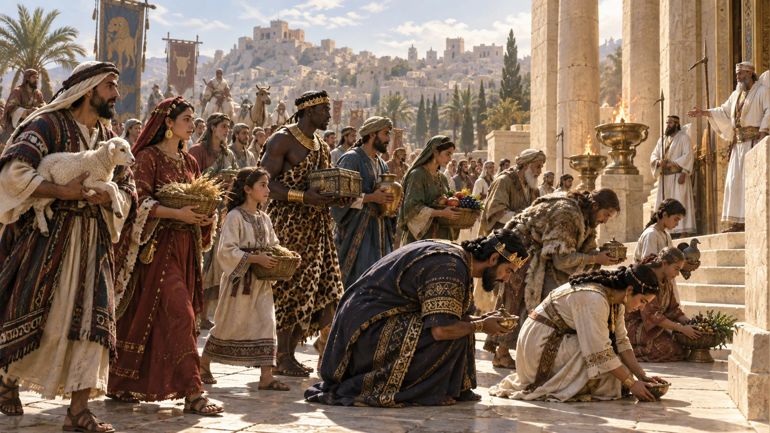 Families of many peoples bring offerings into the courts.
