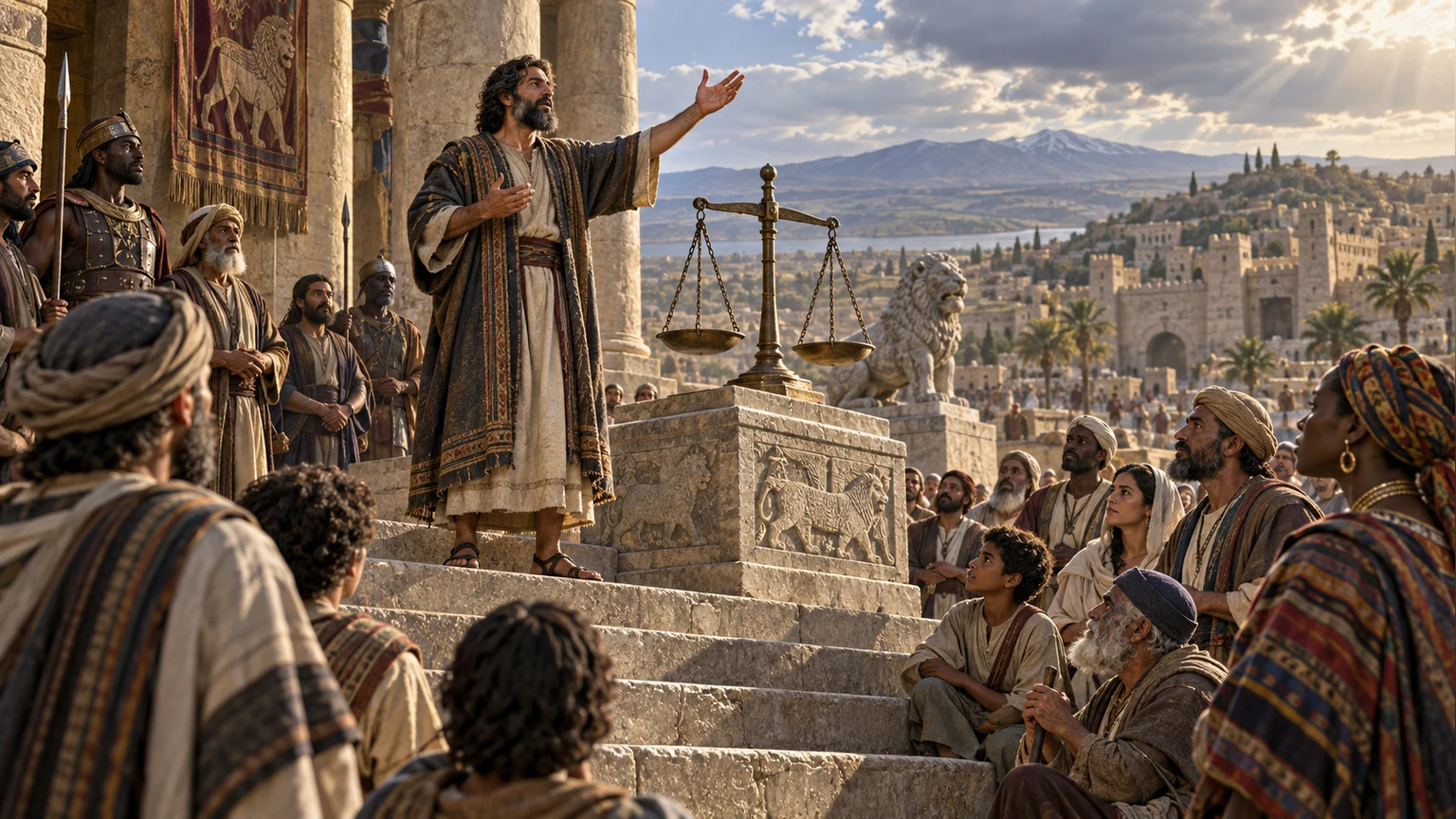 A messenger announces just reign in a public square.