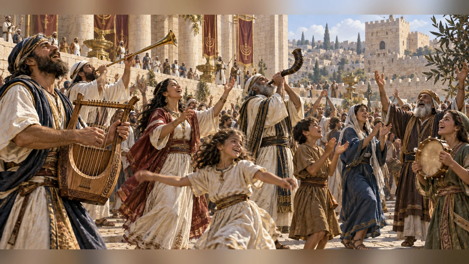 Musicians lead a joyful gathering with lyres and horns.