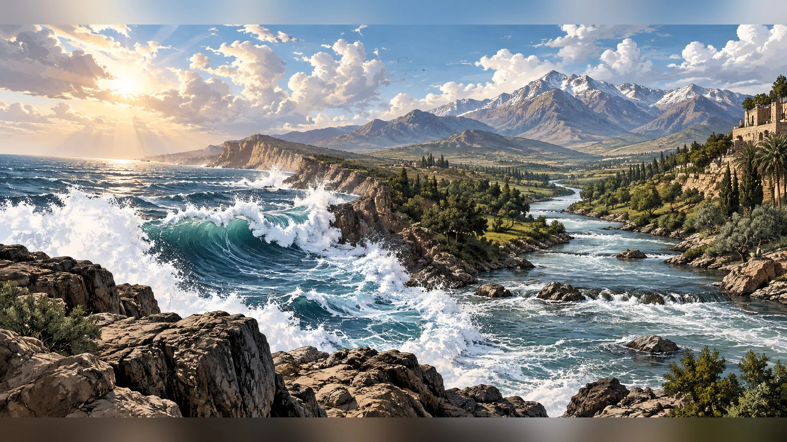 Sea, river and mountains under a bright sky.
