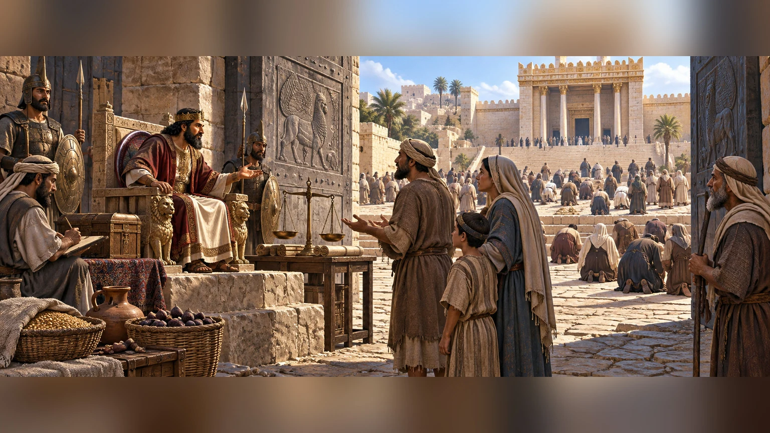 A ruler hears people fairly at an ancient gate.
