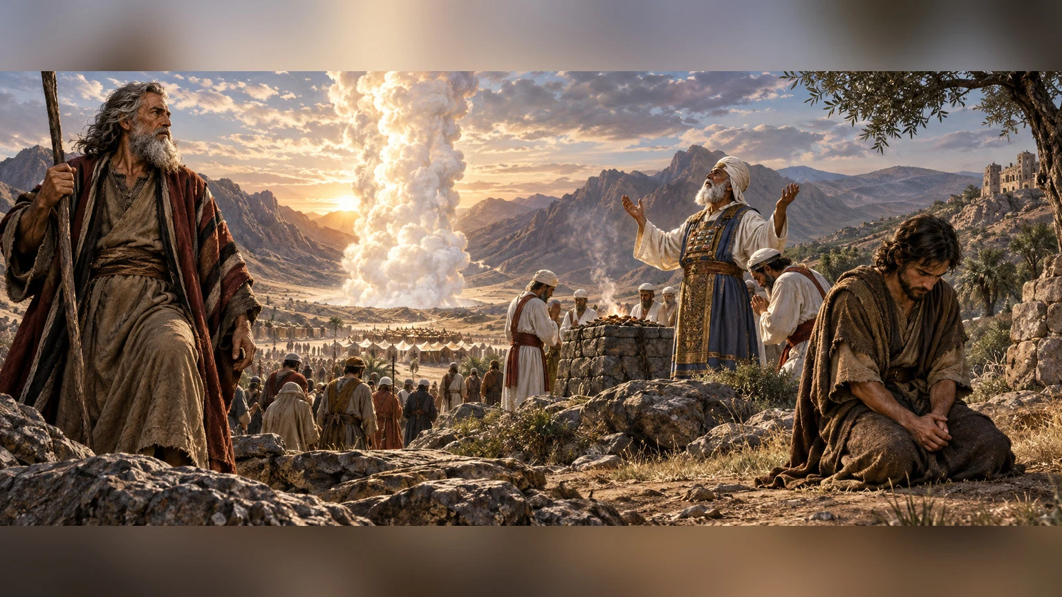 Three figures of Israel’s memory pray by a pillar of cloud.