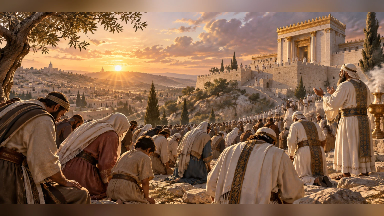 Families gather below the holy mountain.