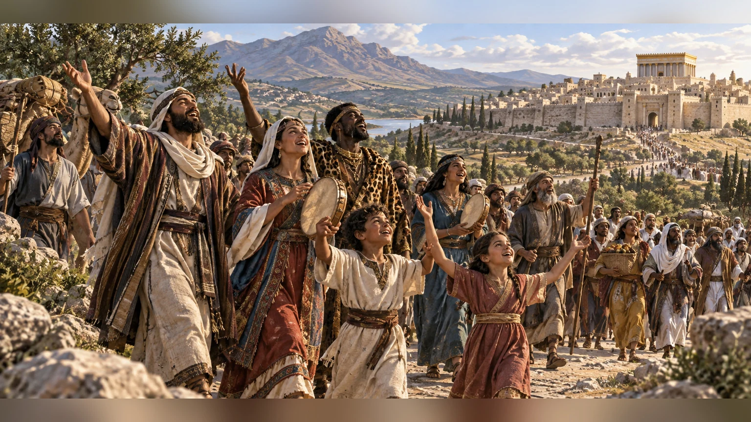 People sing as they approach an ancient city.