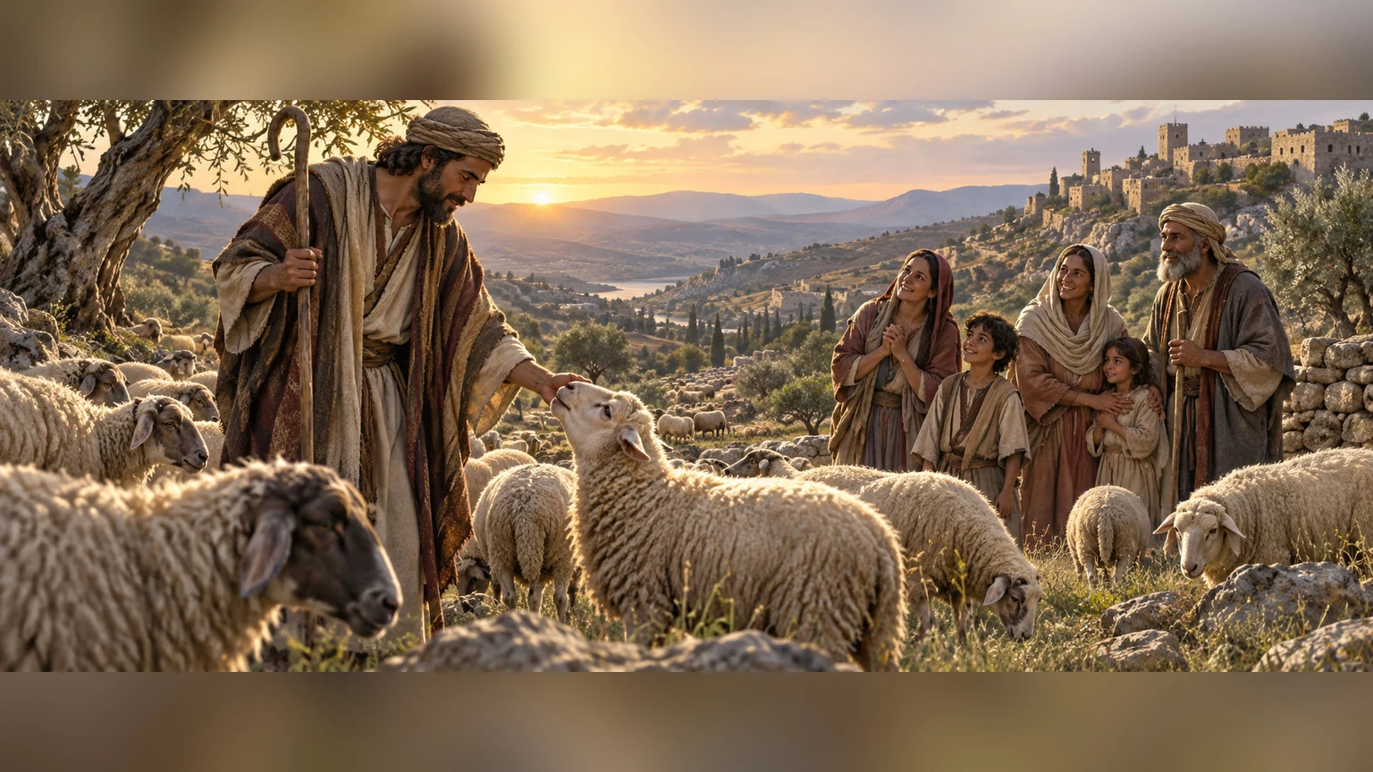 A shepherd tends sheep in a hill pasture.