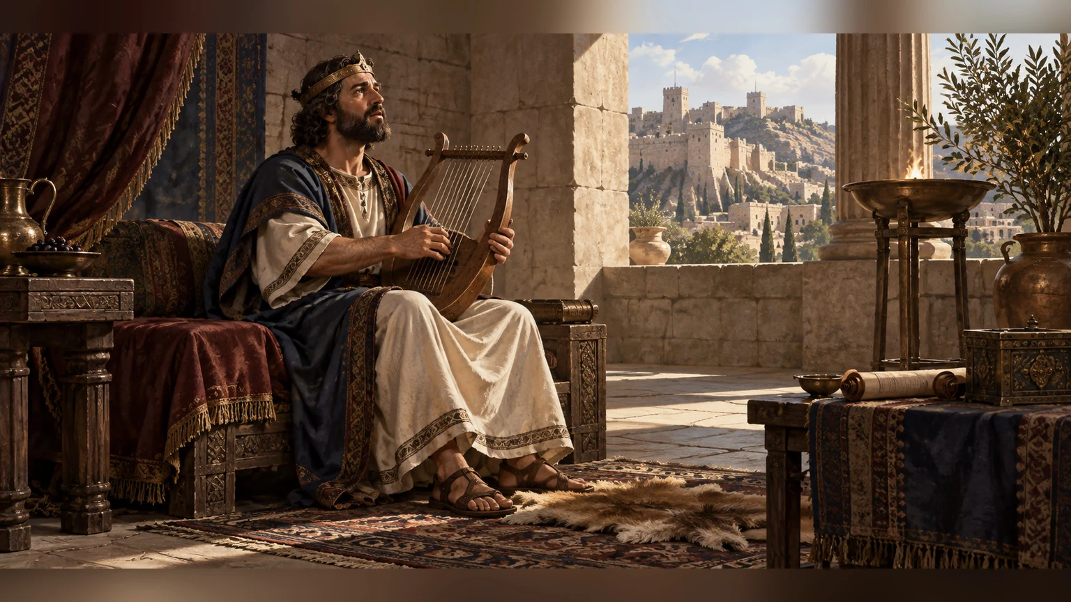 An ancient king reflects beside a lyre.
