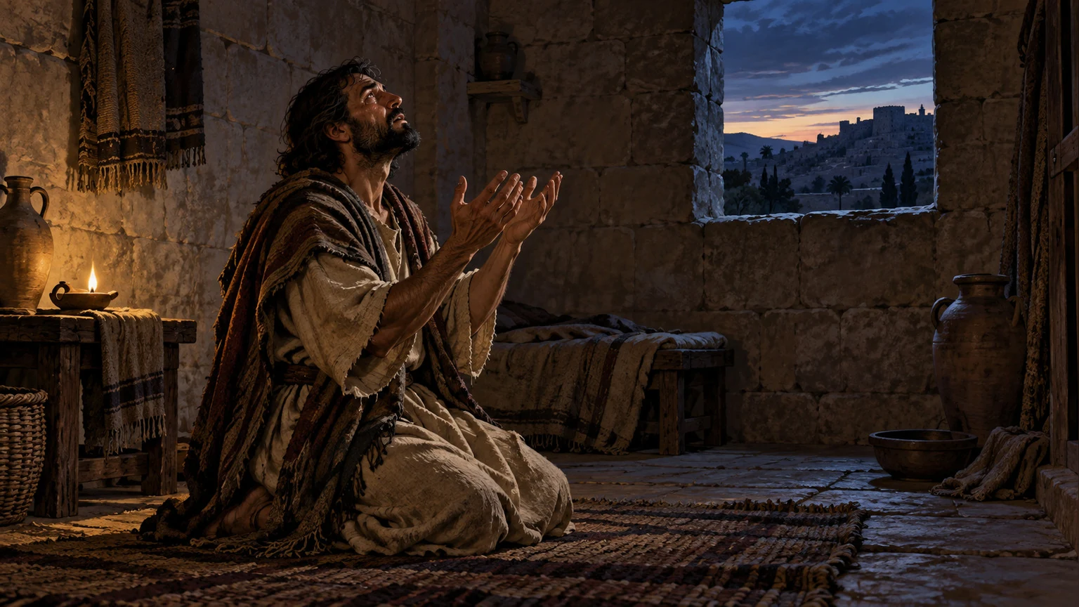 An afflicted person kneels in prayer by an oil lamp.