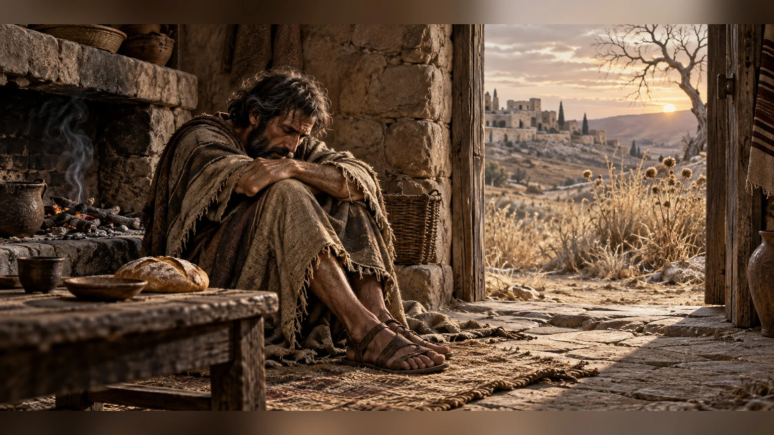 A weak person sits beside untouched bread and a cold hearth.