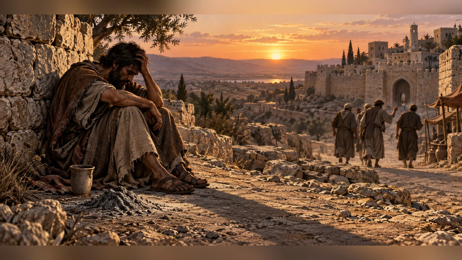 A grieving figure sits alone in a lengthening shadow.