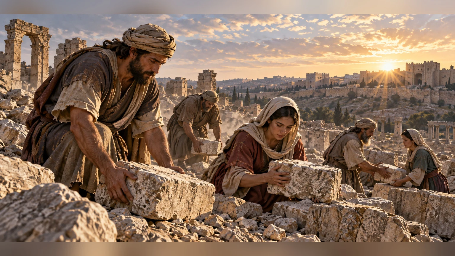 People lift stones amid the ruins of Zion.