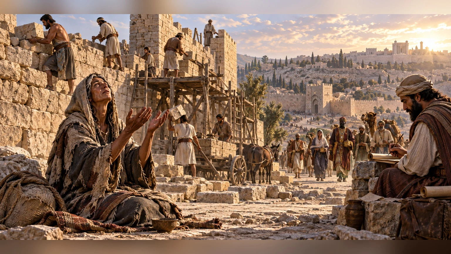 Workers rebuild Zion while a person prays nearby.