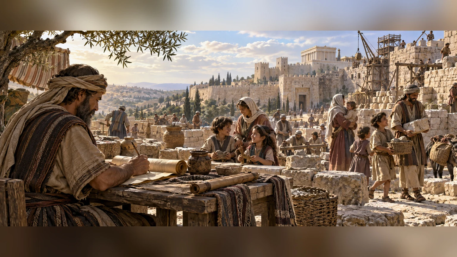 A scribe records hope for children beside a rebuilding city.