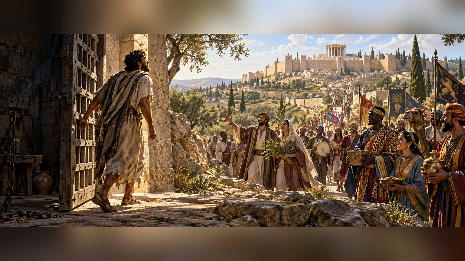 A freed captive walks toward a distant gathering.