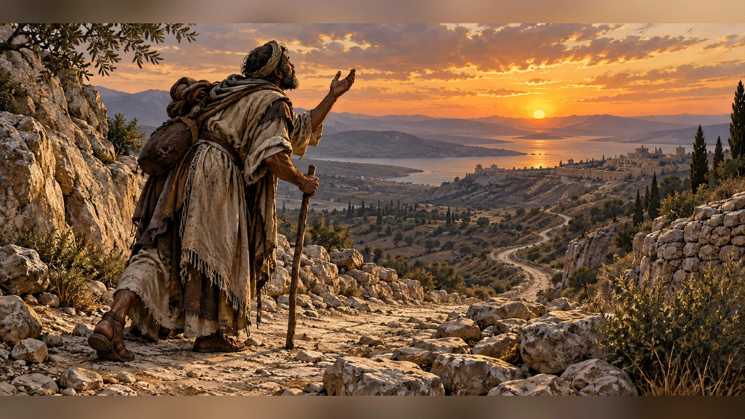 A weary traveler pauses to pray on a mountain road.