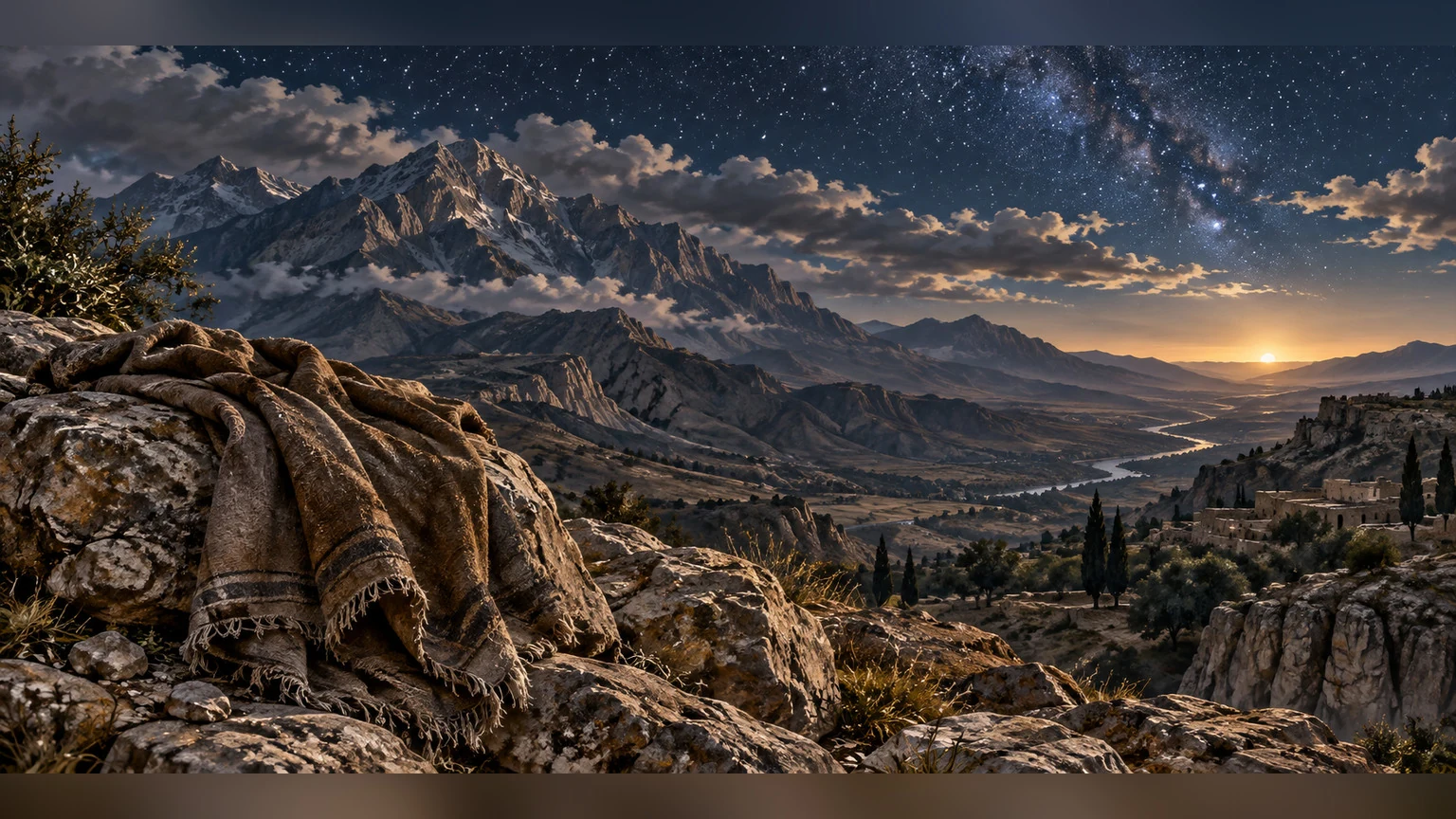 Mountains and stars surround a weathered cloak on rock.