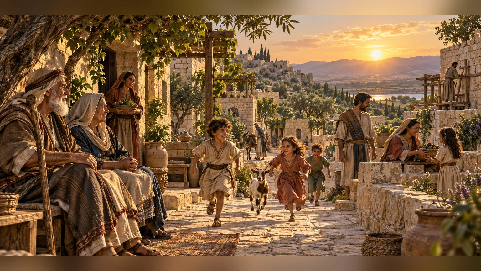 Several generations gather in a peaceful stone neighborhood.