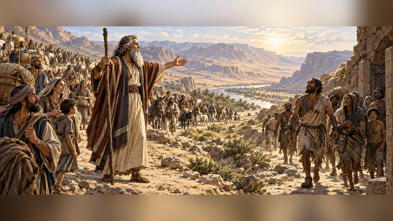 Moses addresses Israelites in the wilderness.