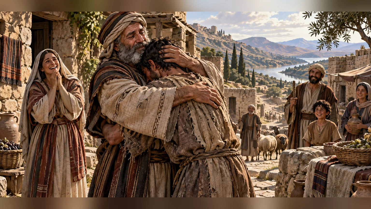 Family members embrace in an ancient village.