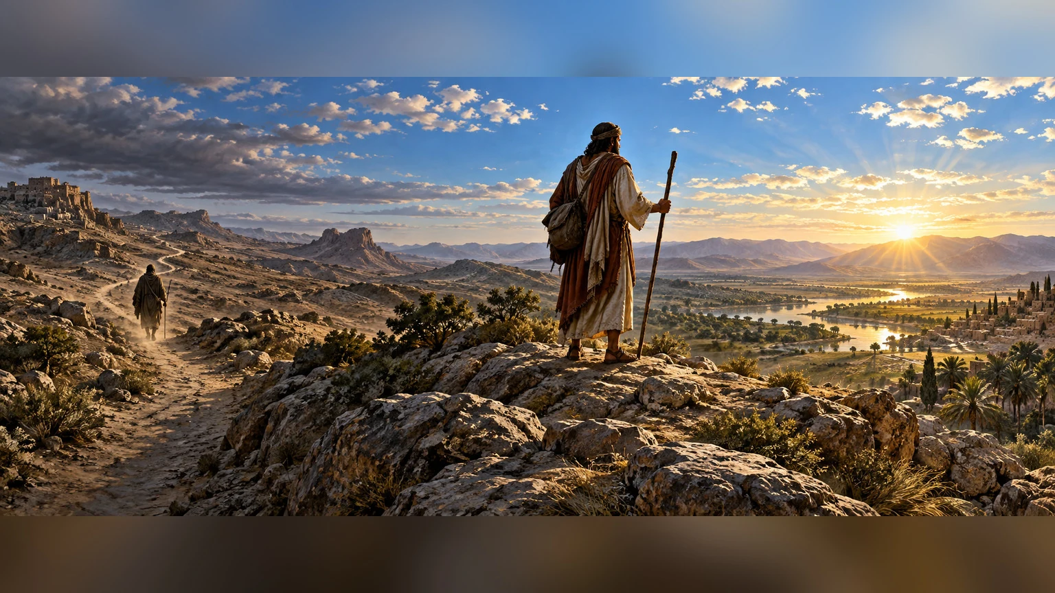 Travelers look across distant eastern and western horizons.