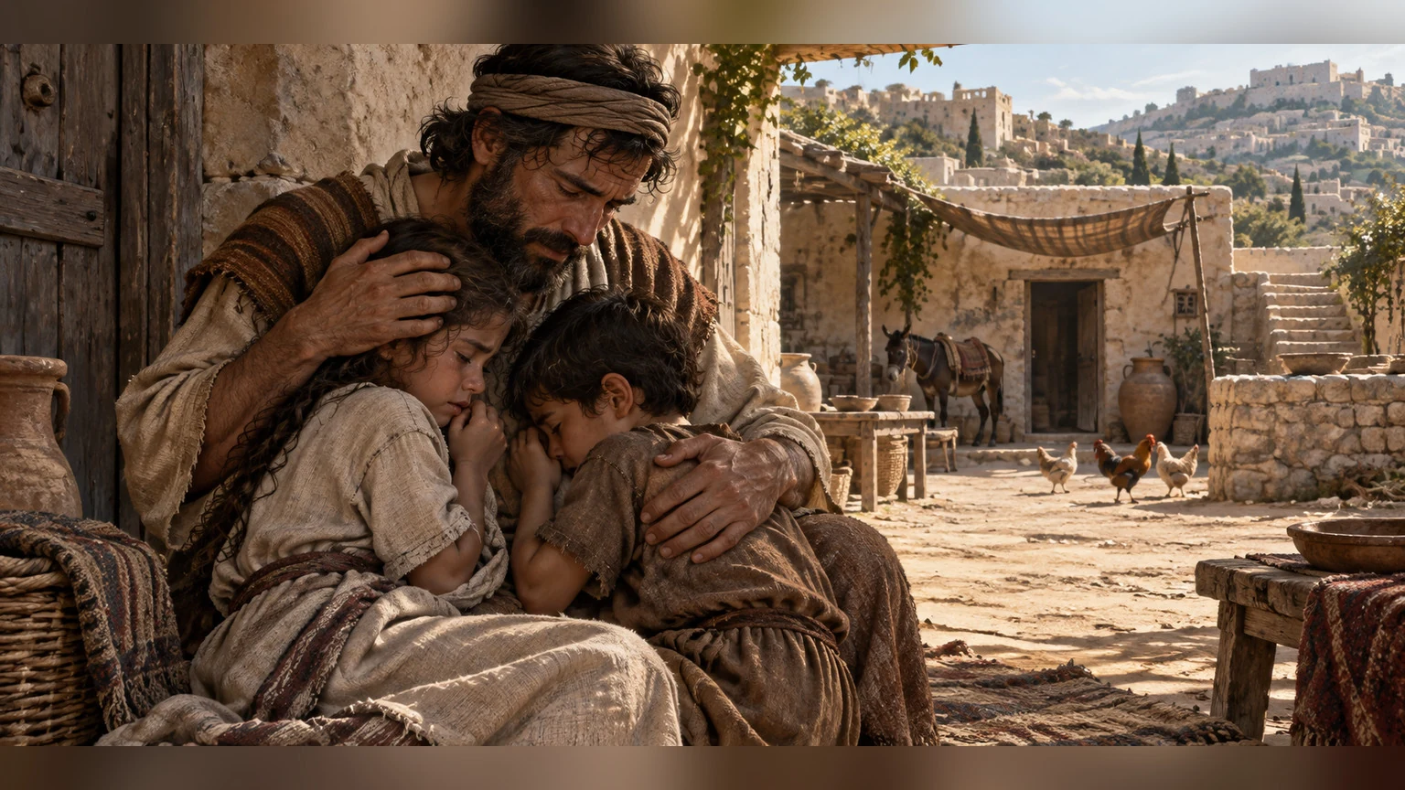 A father comforts children at home.