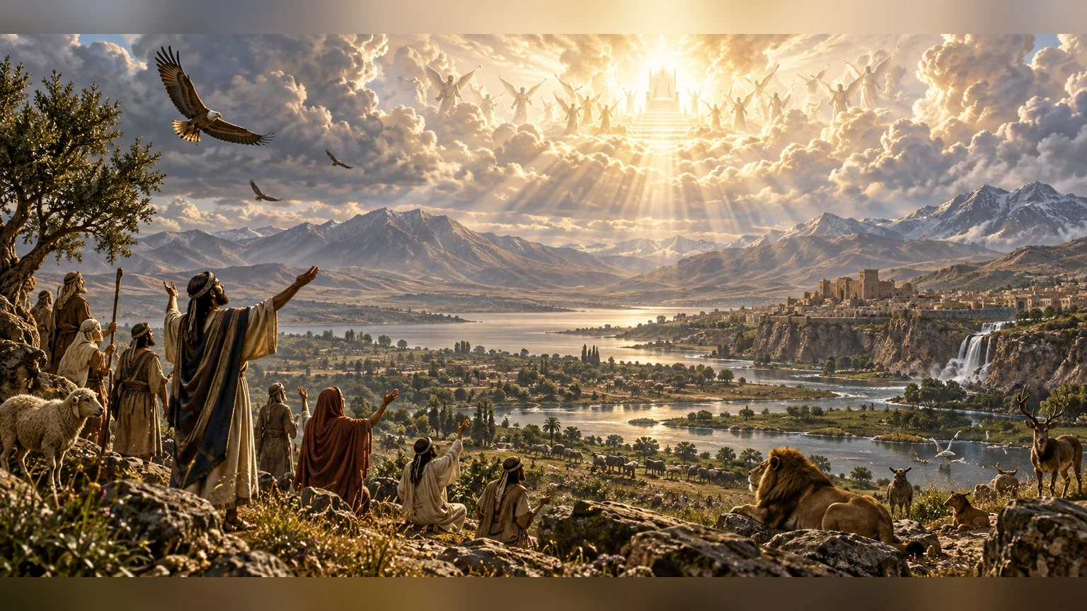 Worshippers look over creation beneath a luminous sky.