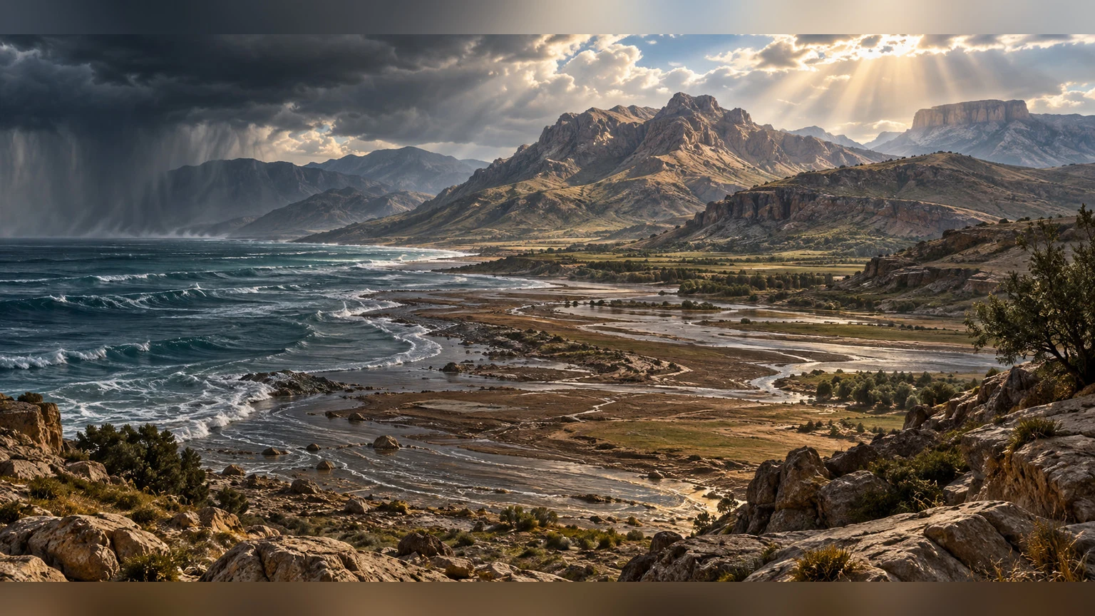 Floodwater recedes below mountains and valleys.