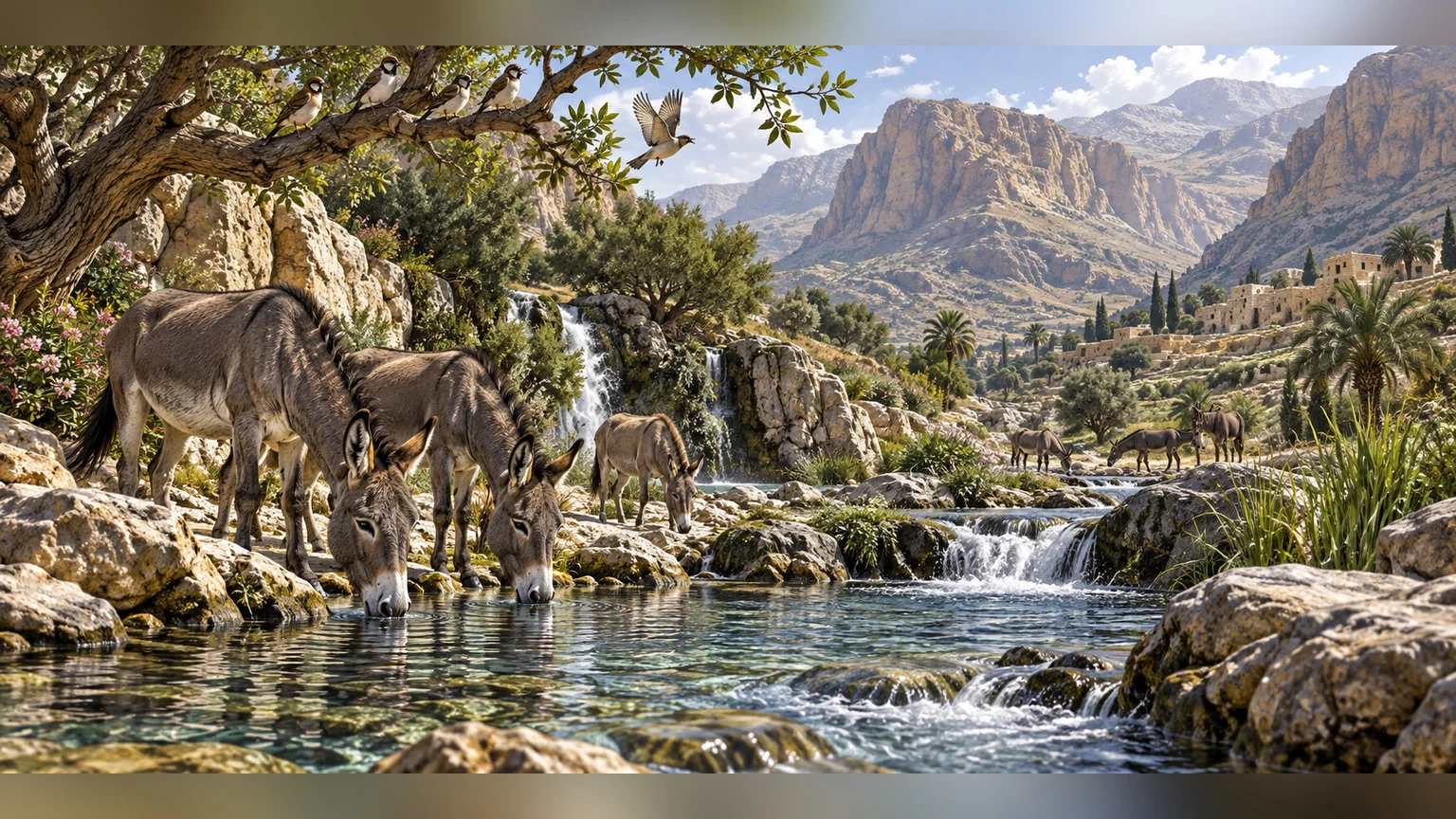 Wild donkeys drink from a spring beneath birds.