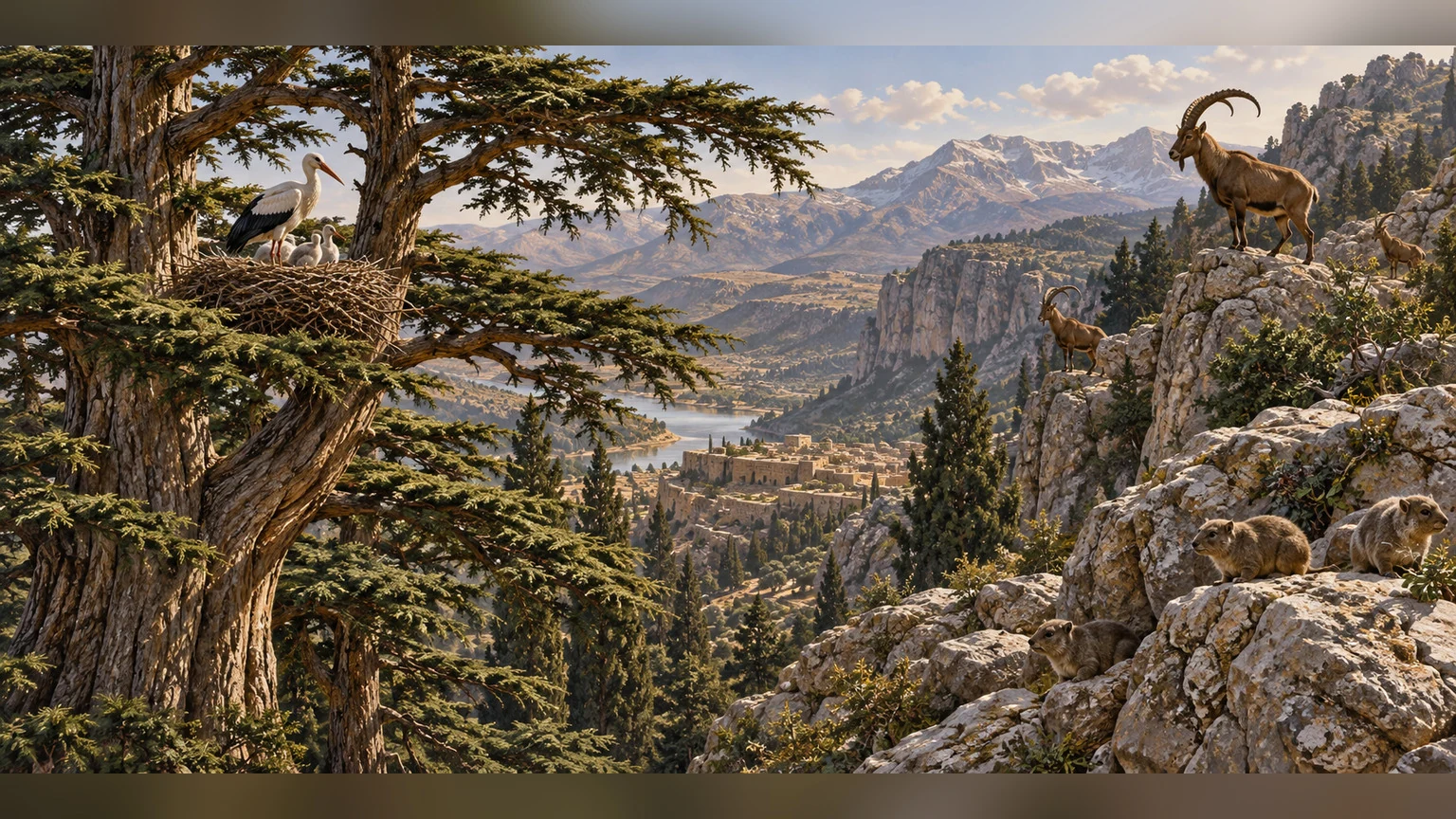 A stork nests among cedars above mountain animals.