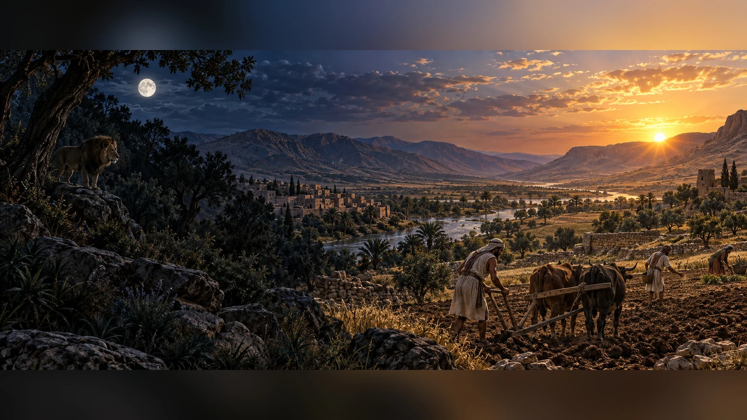 A valley transitions from moonlit forest to morning labor.