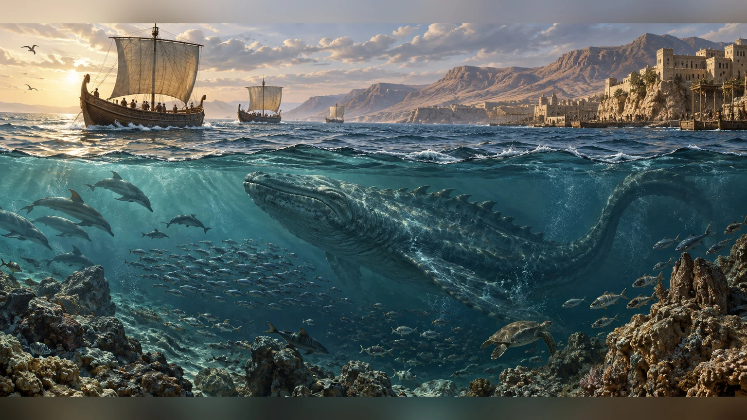 Ancient ships cross a sea rich with marine life.