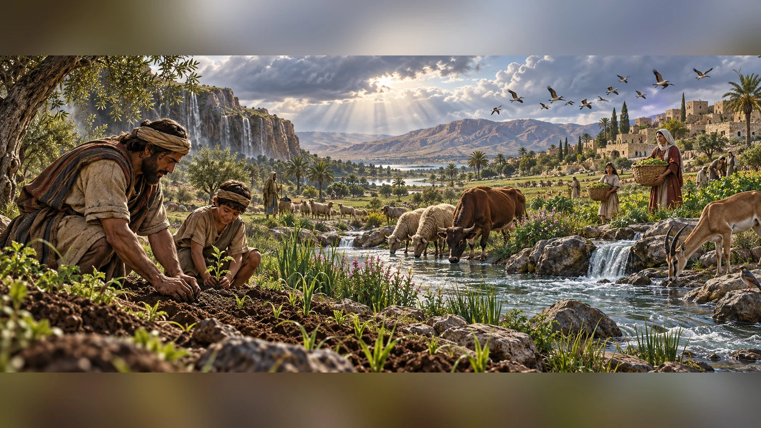 People and wildlife receive food in a fertile valley.