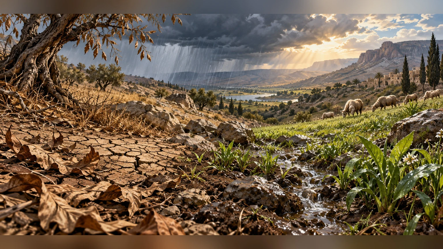 Dry earth gives way to new green growth after rain.