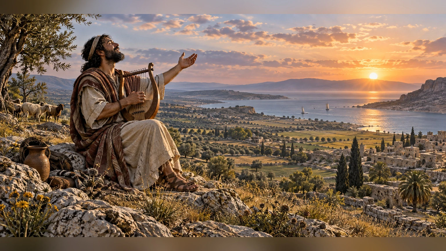 A hillside singer plays a lyre at dawn.