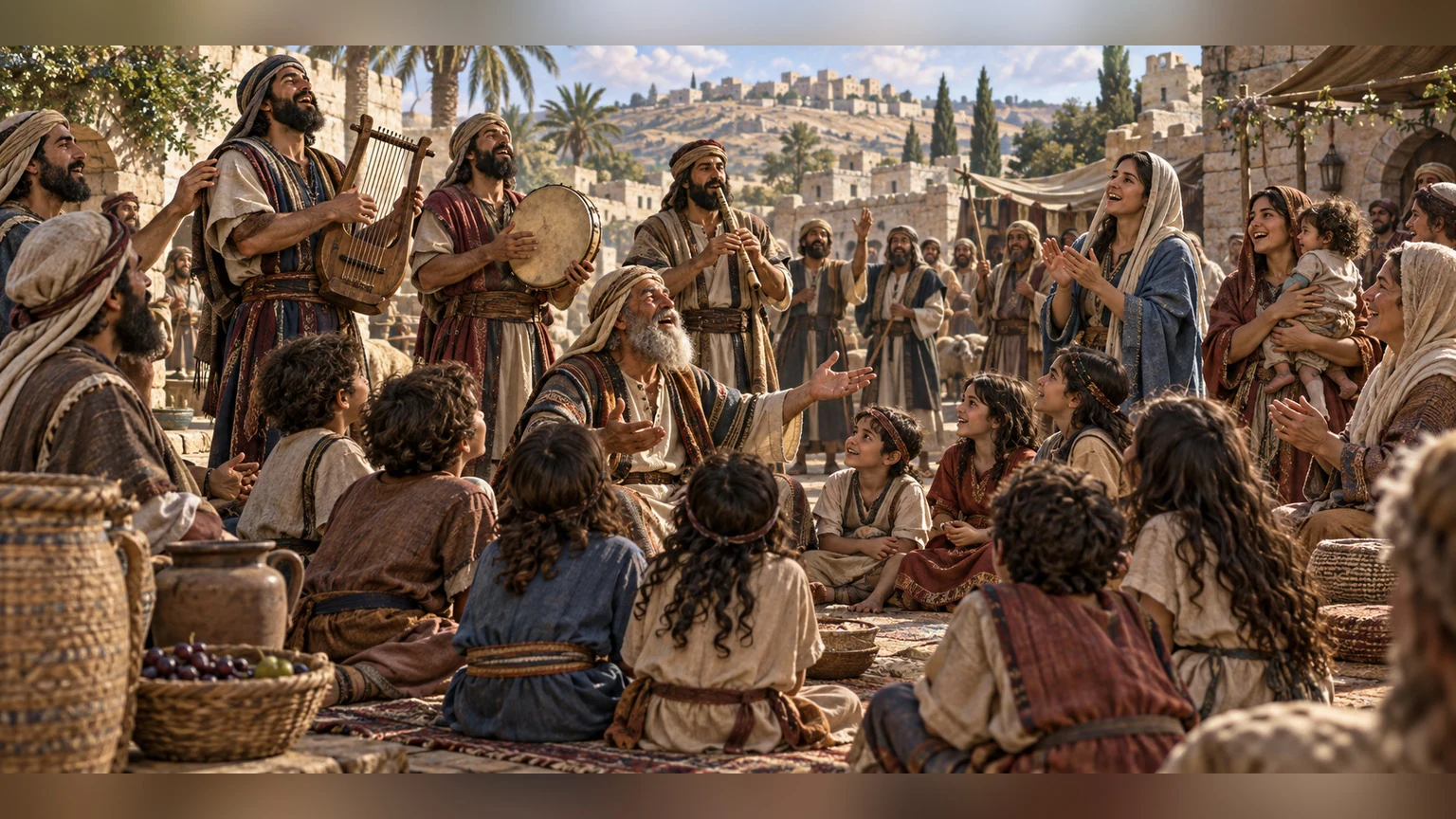 Families and musicians tell stories in a village square.