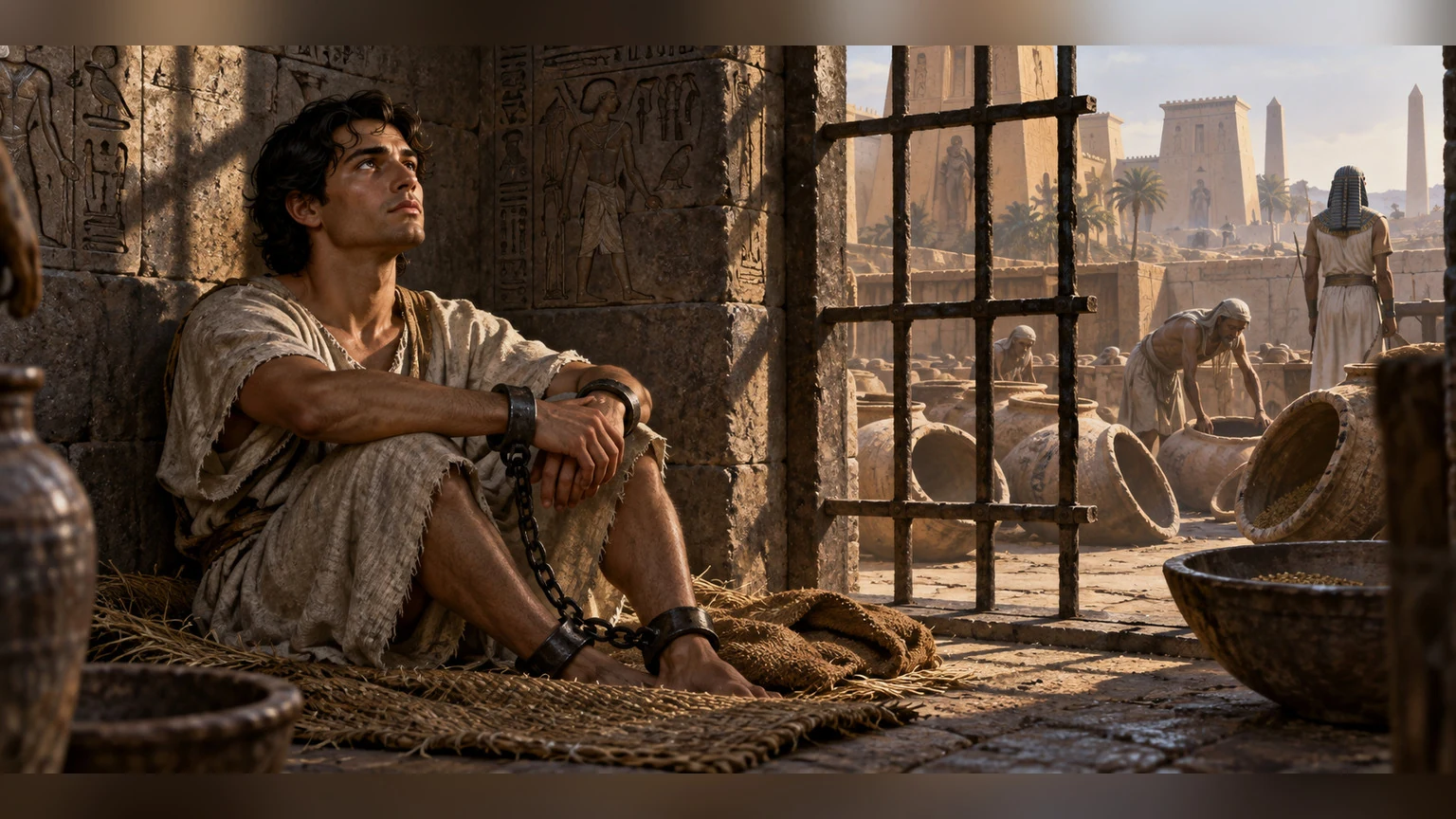 Joseph sits in an Egyptian prison near empty grain vessels.