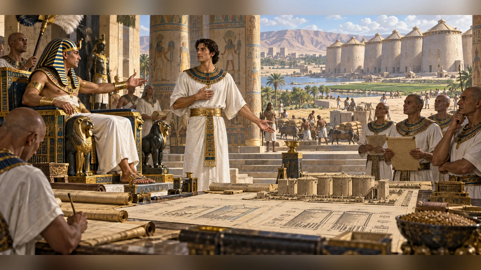 An Egyptian ruler appoints Joseph before court officials.