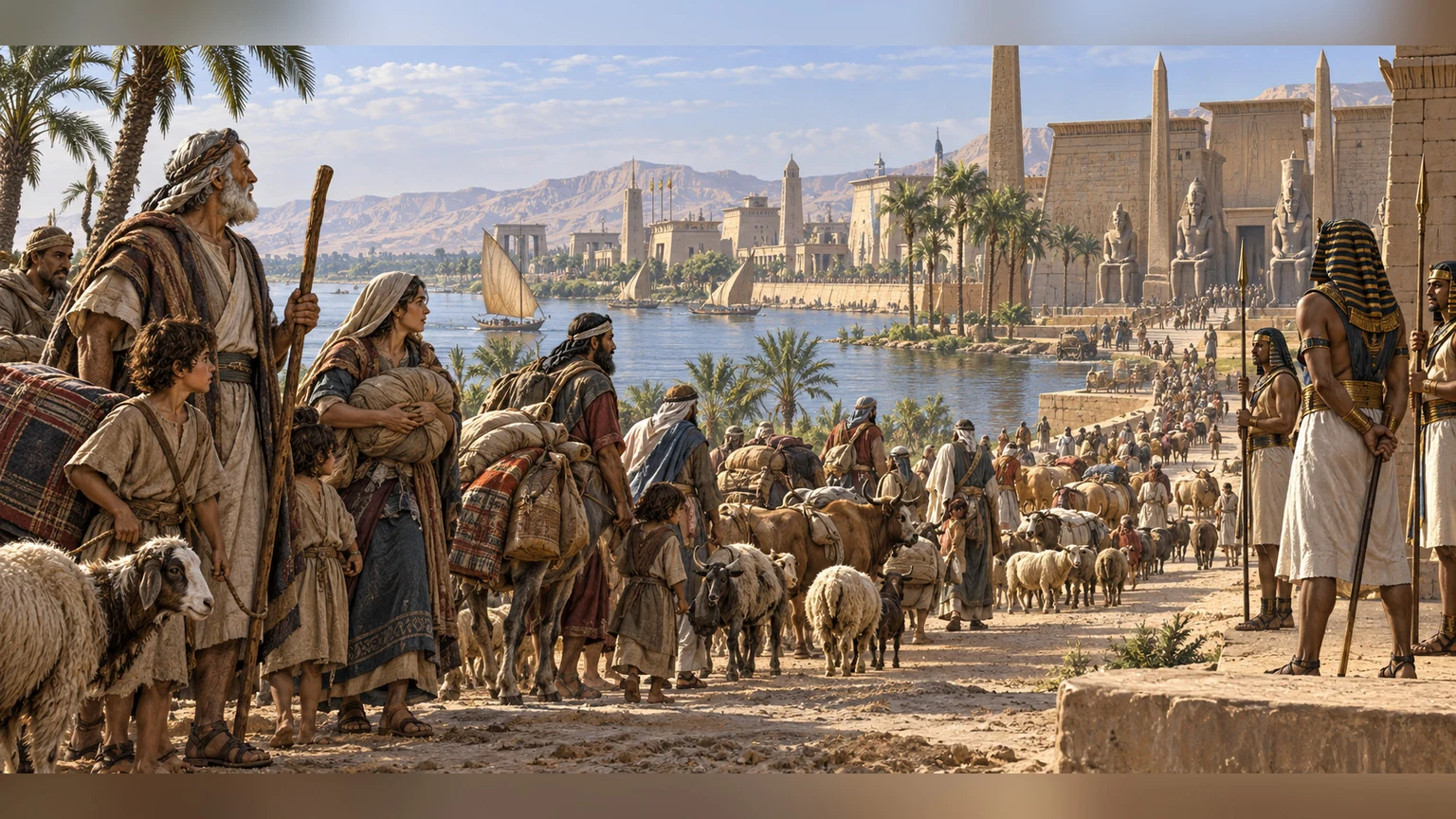A family arrives beside the Nile with livestock.