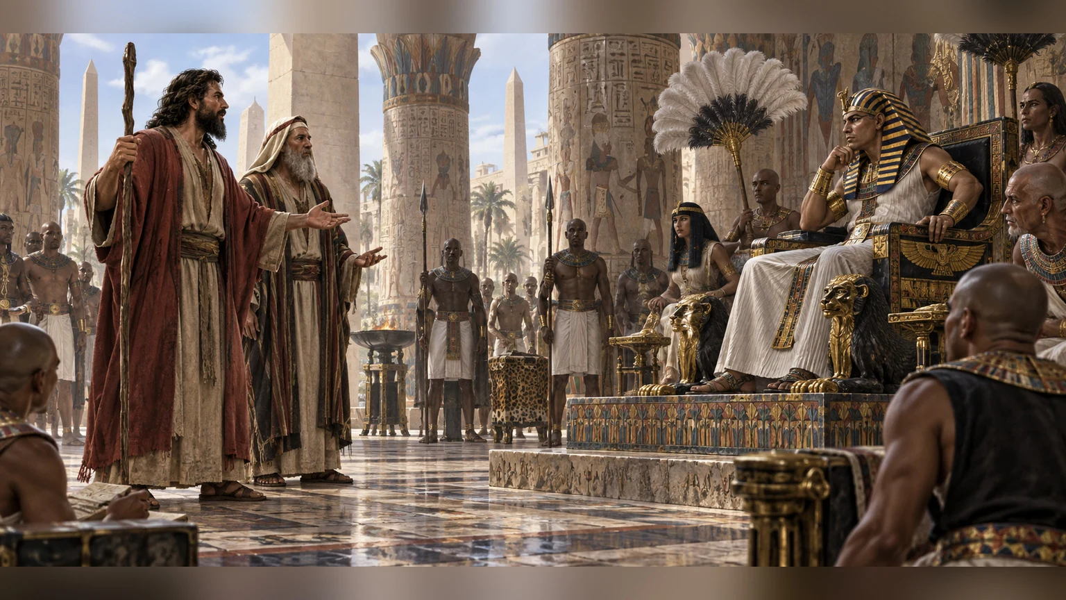 Moses and Aaron address an Egyptian court.