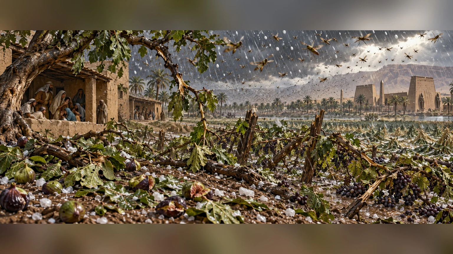 Hail and insects move through Egyptian orchards.