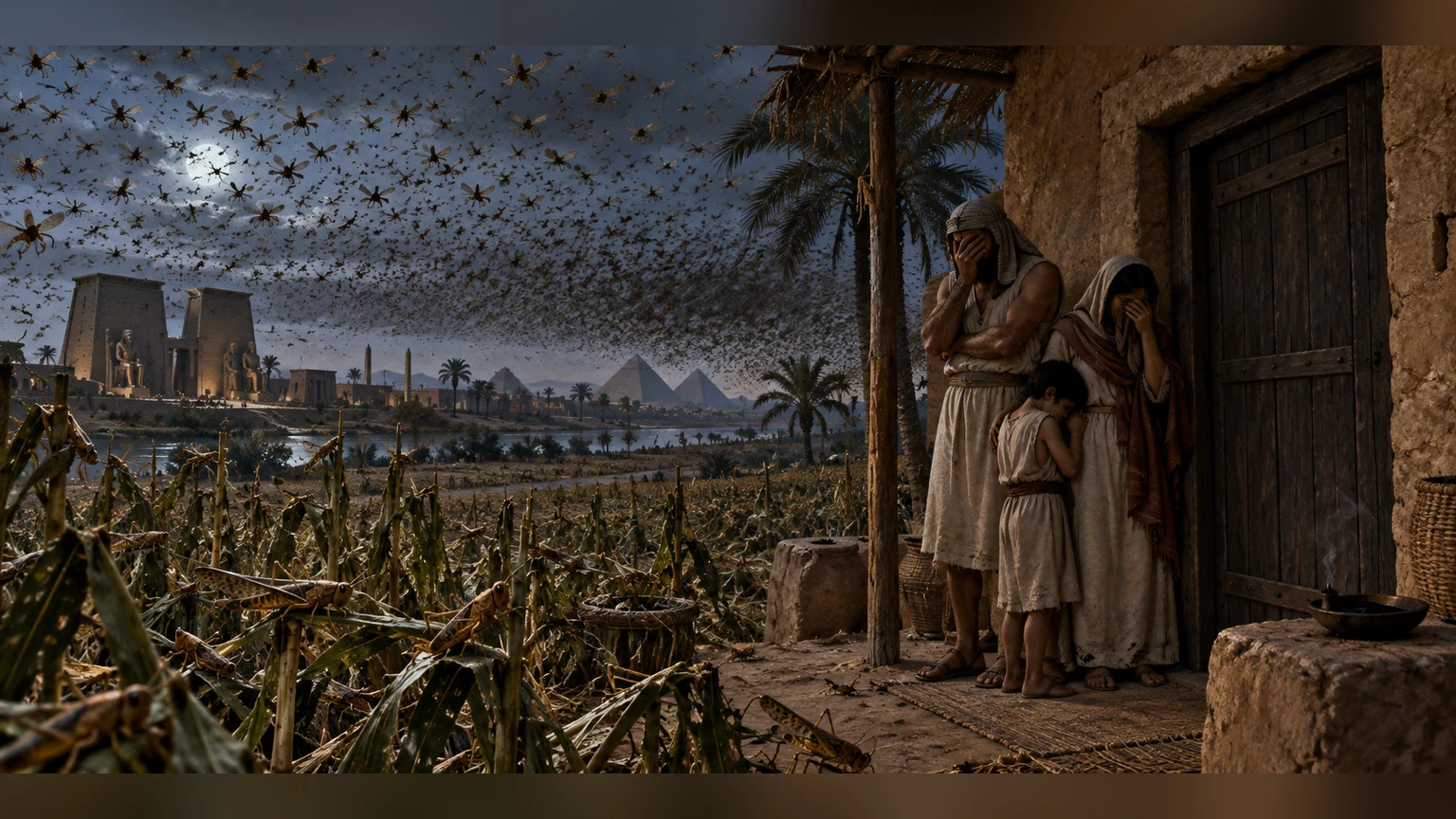 Locusts cover fields near a grieving household.