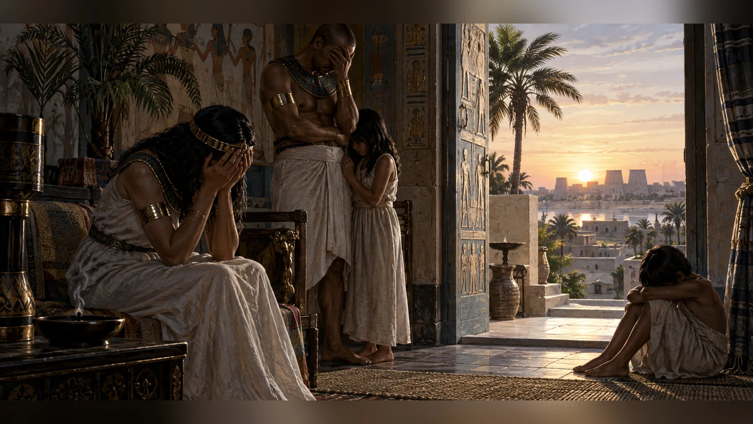 A family grieves in an Egyptian doorway.