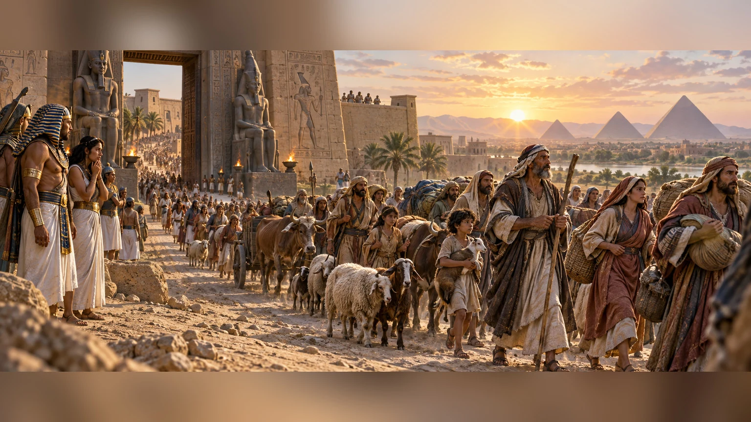 Israelite families leave Egypt with bundles and livestock.